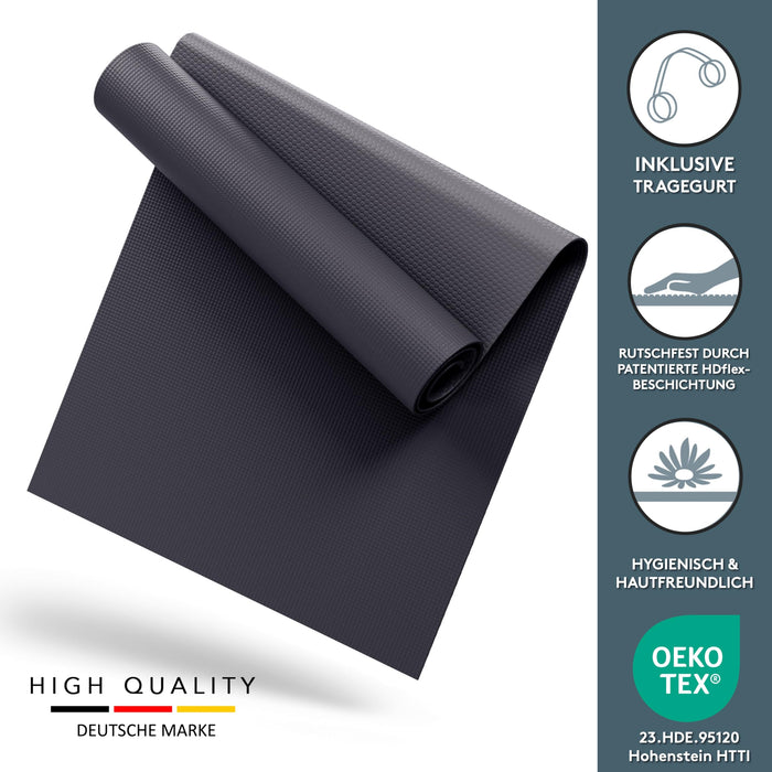 Yogamatte Gymnastikmatte 180x60 cm inkl. Tragegurt, rutschfeste Fitnessmatte